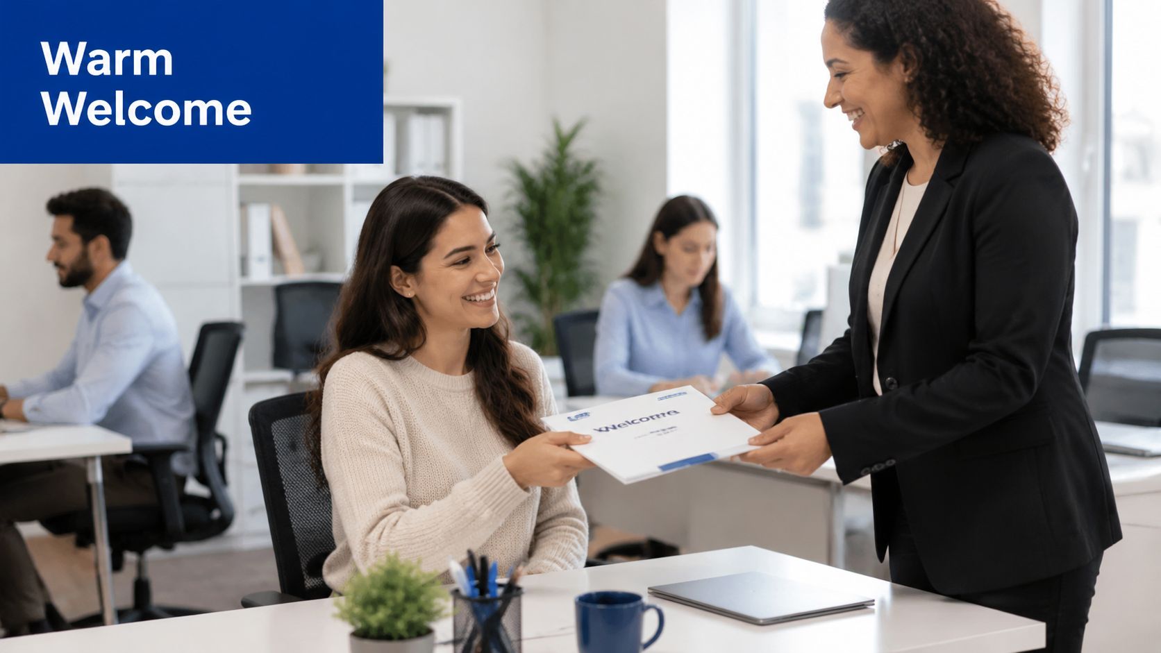 A professional woman welcomes a new employee in a modern office with a welcome package.