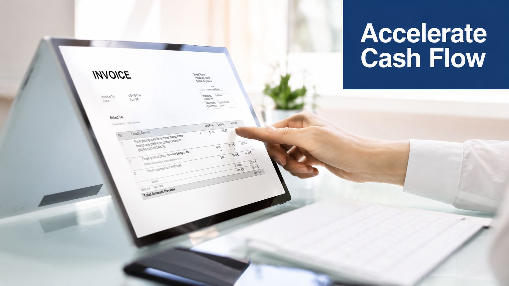 A professional reviewing a digital invoice on a tablet screen to help accelerate business cash flow.