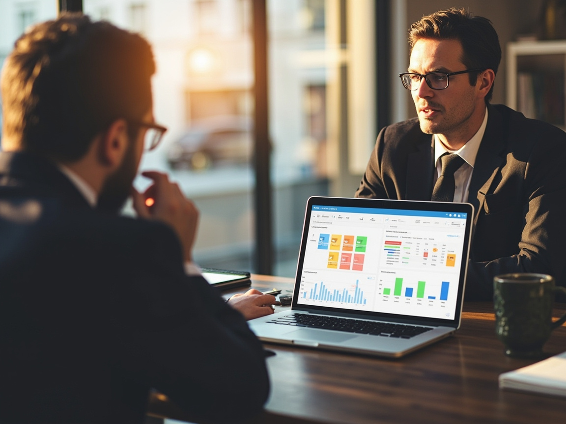 Financial advisor and business owner collaborating over AI-generated financial operations reports