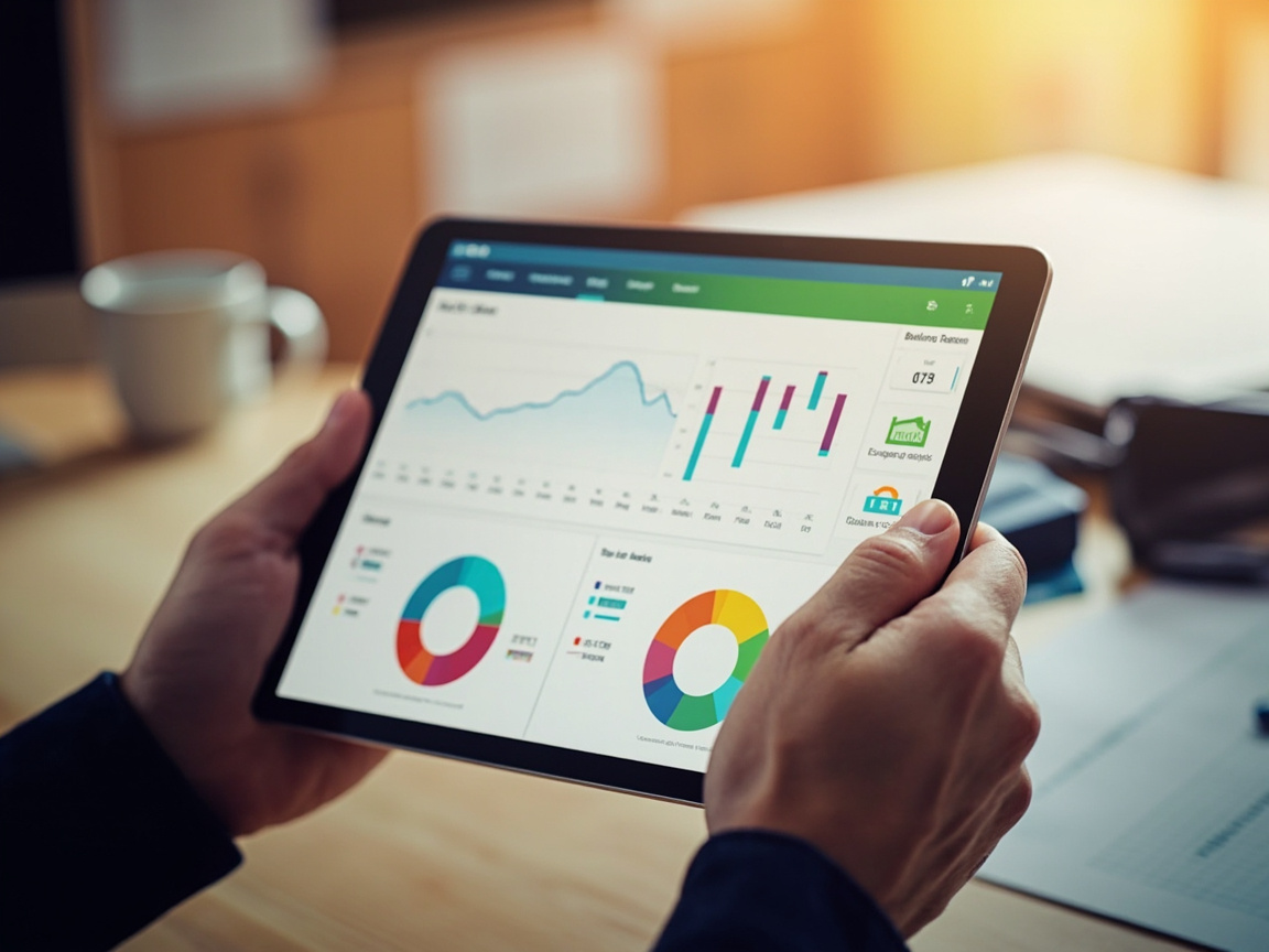 Business owner reviewing AI-powered financial operations reports on a tablet at their desk