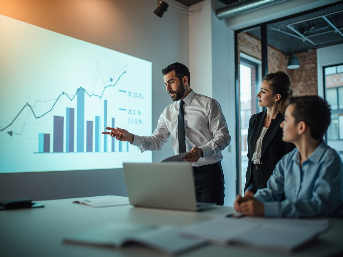 Small business team collaborating on AI-powered financial operations data projected in a conference room