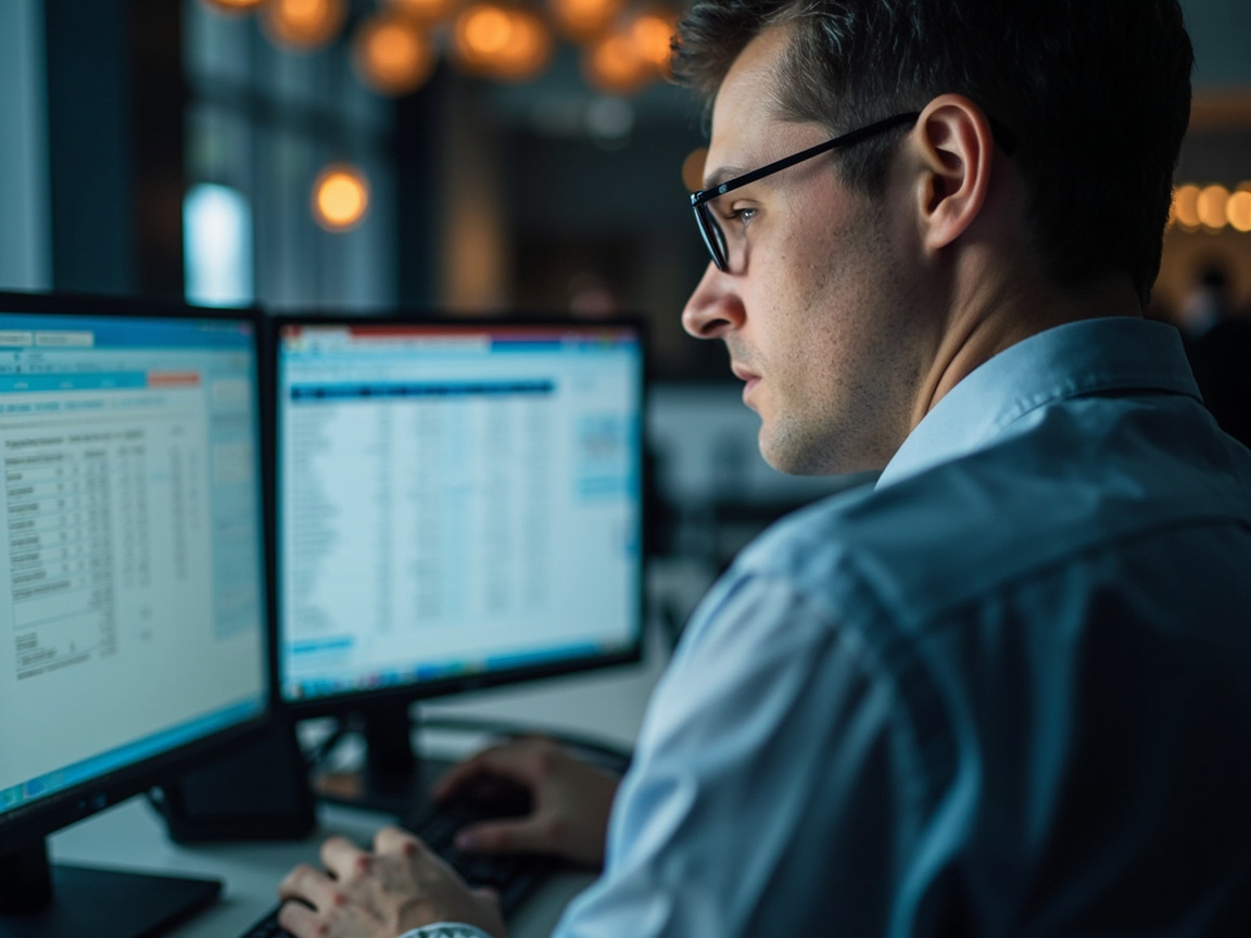 Financial professional reviewing monthly bookkeeping reconciliation reports on dual monitors