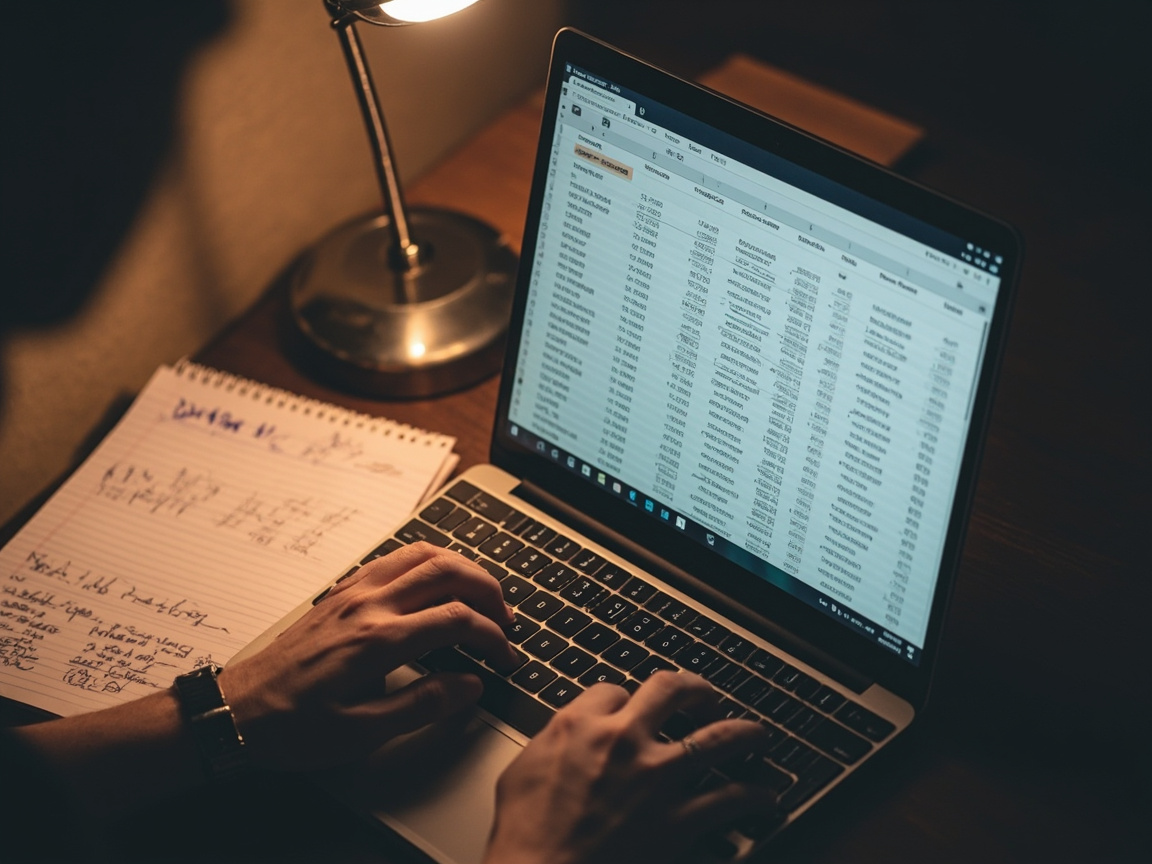Bookkeeper working through catch-up bookkeeping transactions on a laptop with handwritten notes nearby