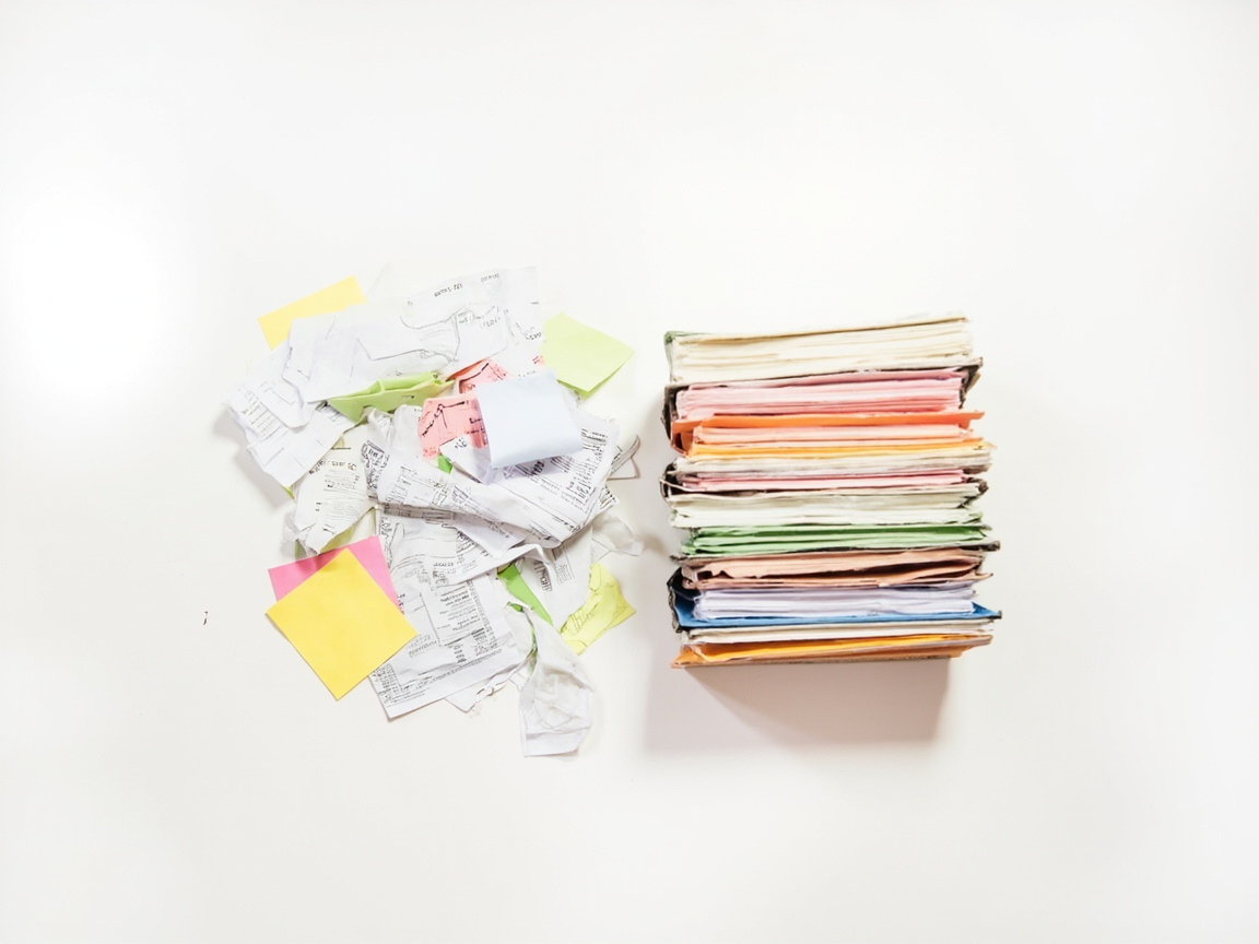 Disorganized business receipts and papers contrasted with organized bookkeeping files ready for cleanup