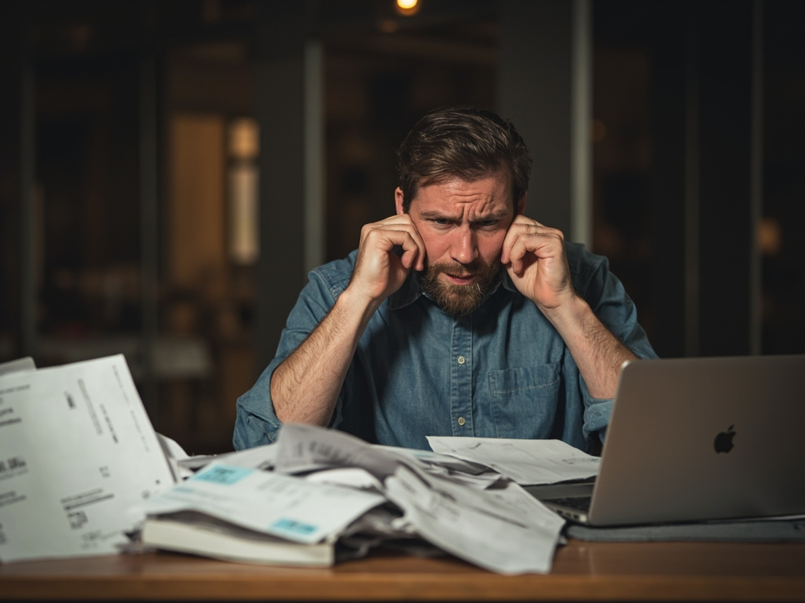 Frustrated service business owner overwhelmed by disorganized receipts and overdue bookkeeping