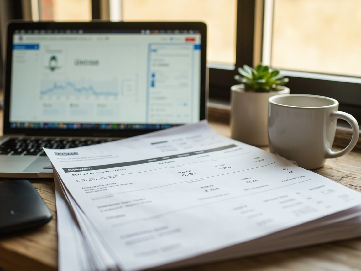 Organized desk with invoices and accounting software representing monthly bookkeeping records for a service business