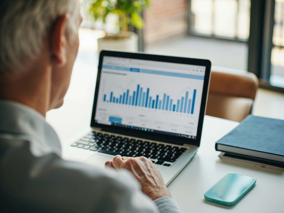 Person in their 50s reviewing retirement savings catch-up contributions on laptop