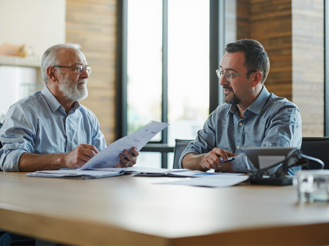 Business owner and financial advisor reviewing executive reporting documents together at a conference table