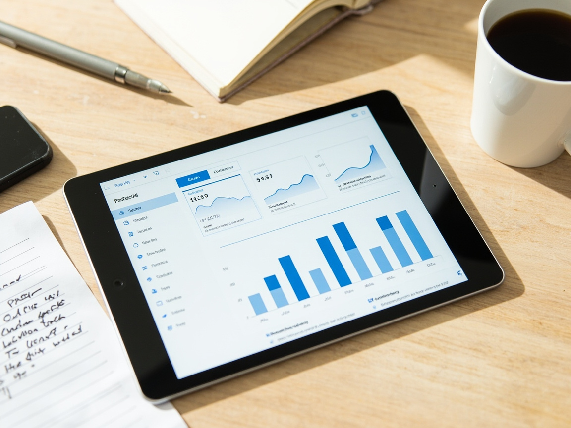 Overhead view of a tablet showing a financial KPI dashboard for executive reporting alongside a notebook and coffee