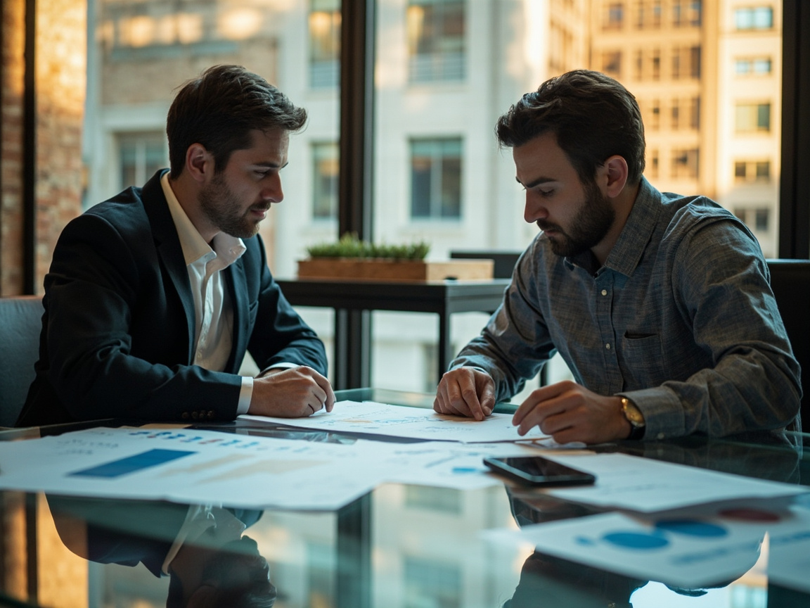 Business owner and financial advisor reviewing executive reports together at a conference table