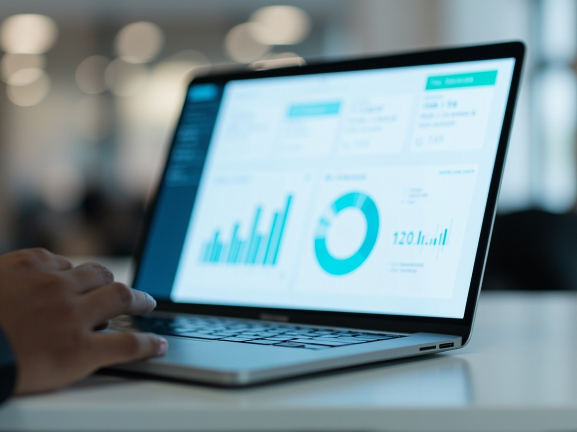 Laptop screen showing a clean CFO intelligence dashboard with KPI tiles and financial charts