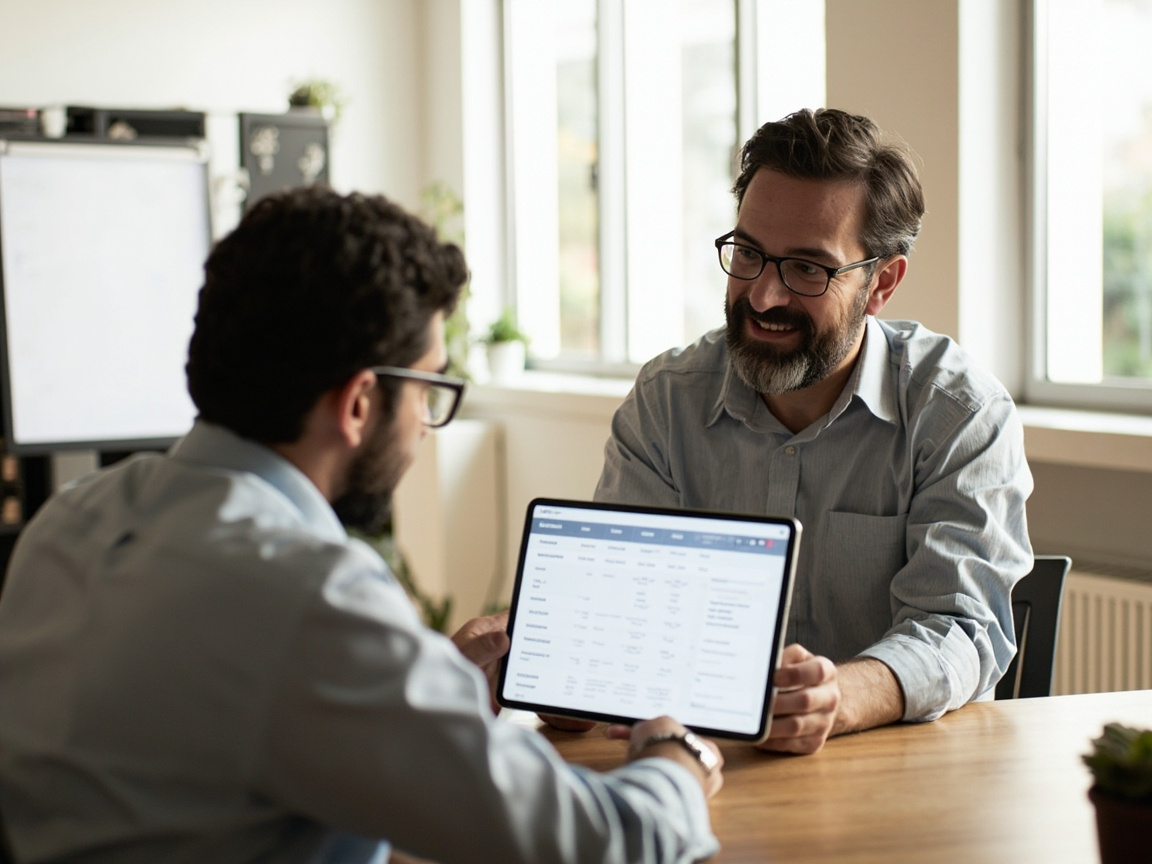 Fee-only financial planner showing a transparent fee structure to a client on a tablet