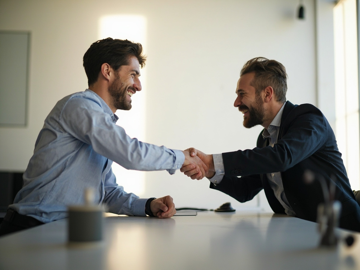 Small business owner shaking hands with a trusted financial advisor after agreeing to work together