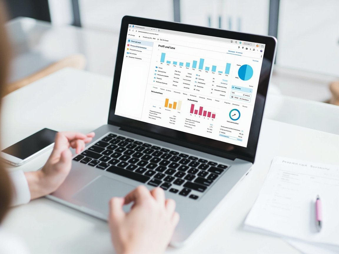 Laptop showing a profit and loss dashboard used in monthly bookkeeping for a service business