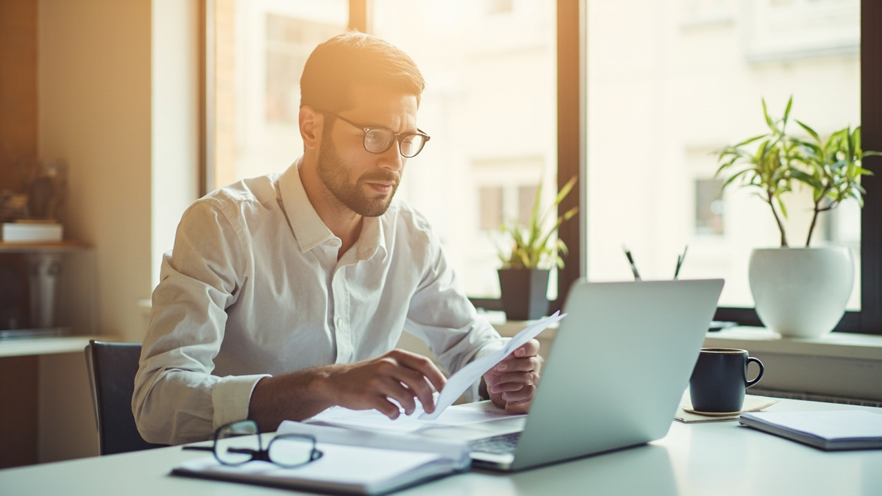 Service business owner reviewing monthly bookkeeping reports on a laptop at a modern office desk