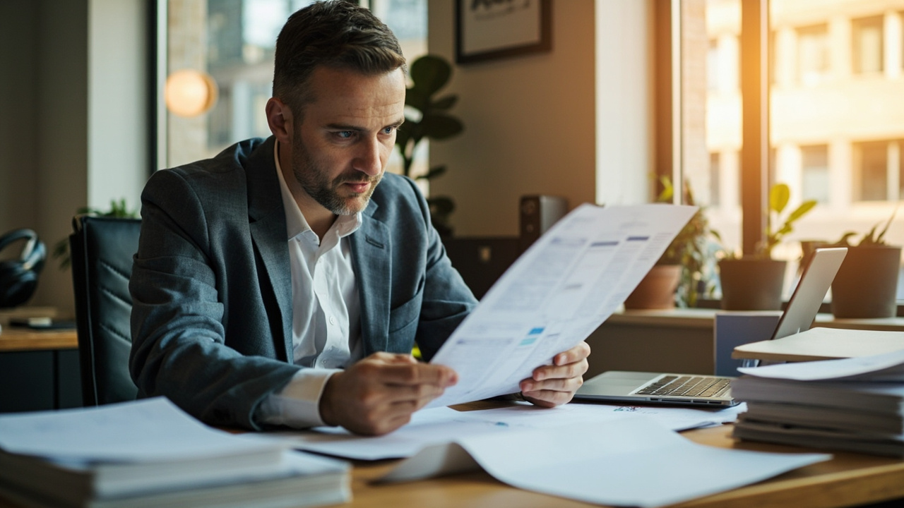 Small business owner reviewing payroll compliance documents at a desk
