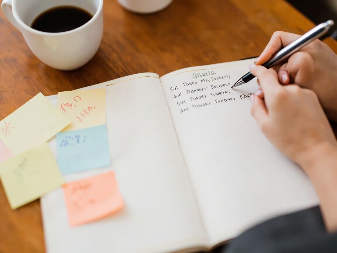 Handwritten personal financial goals with dollar amounts and target dates in a planner — a key step in a personal financial plan