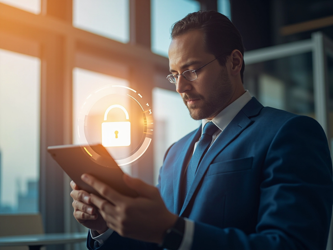 Business professional reviewing secure AI-powered financial data on a tablet