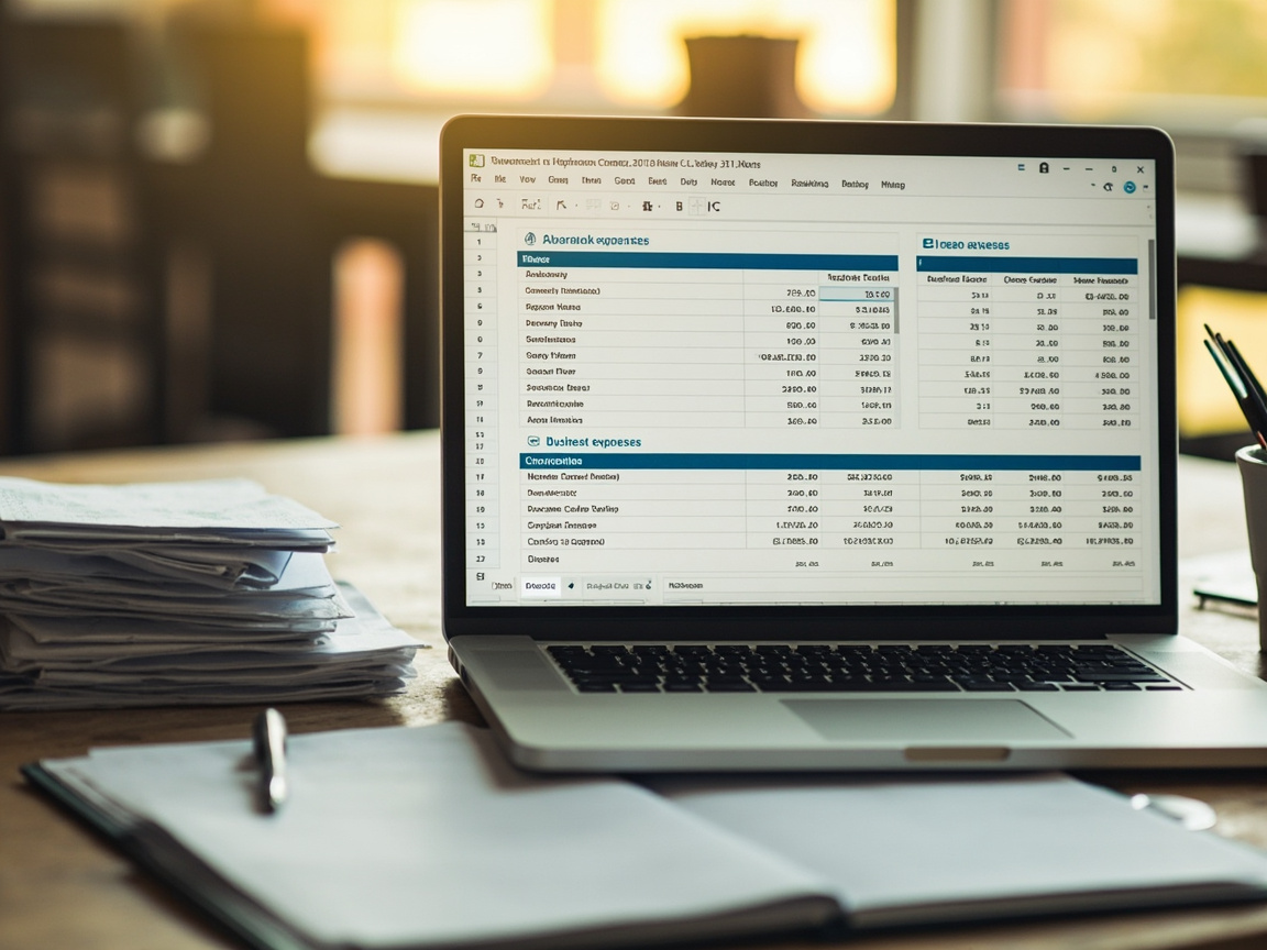 Organized business expense receipts and laptop spreadsheet for small business tax deduction tracking
