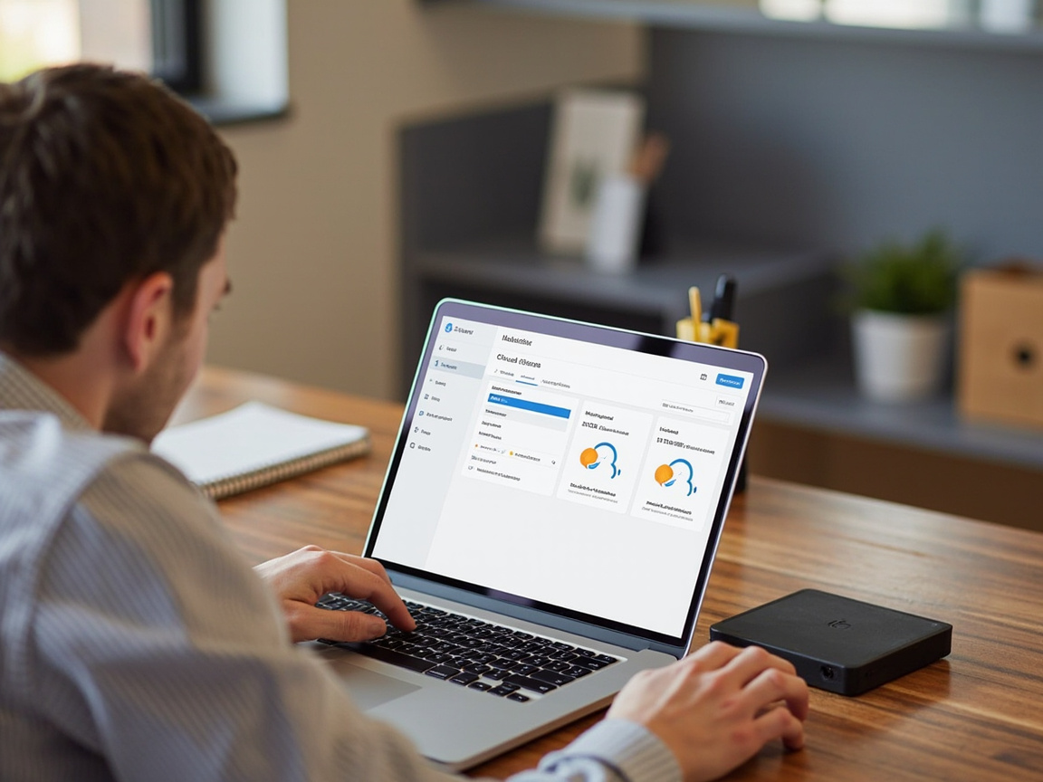 Small business owner backing up financial records digitally alongside physical storage