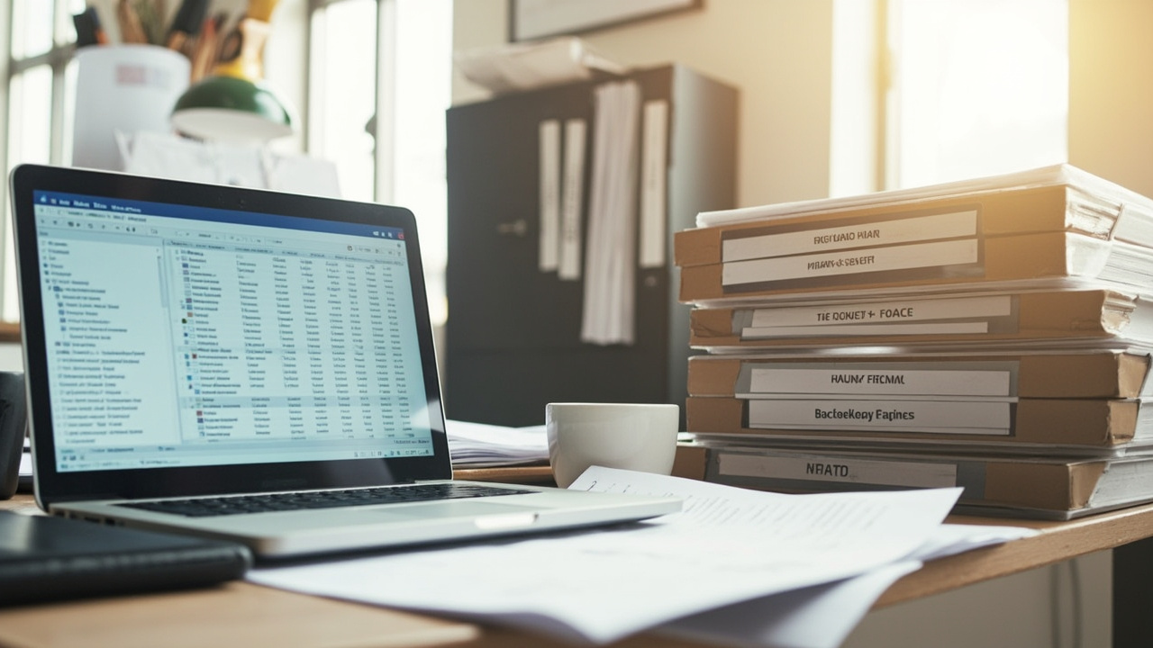 Organized office desk showing how many years small business financial records should be kept in labeled folders
