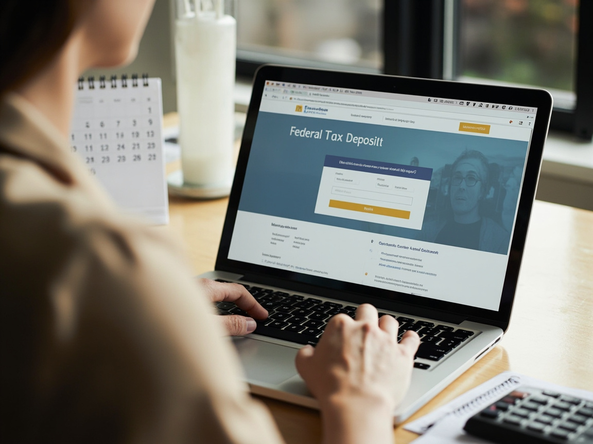 Business owner reviewing payroll tax deposit schedule on a laptop