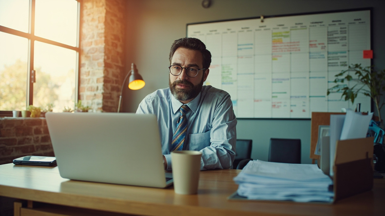 Small business owner's desk with a calendar and payroll documents representing payroll tax deadlines